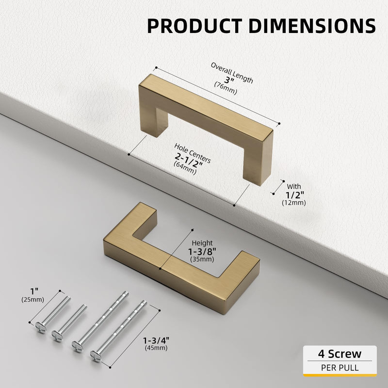 Goldenwarm 10 Pack 2-1/2 Inch Champagne Bronze Cabinet Pulls Gold Cabinet Handles Champagne Gold Drawer Pulls Brushed Bronze Drawer Handles Kitchen Square Hardware for Bathroom Dresser 2-1/2in Hole Centers