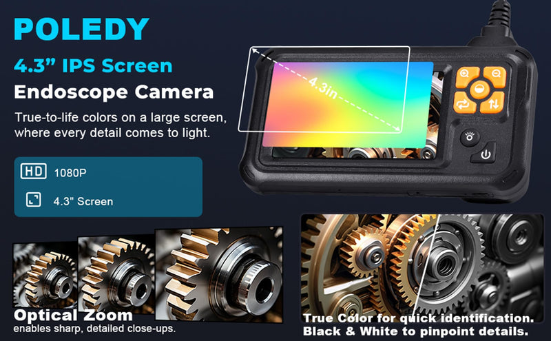 Endoscope Camera with Light, POLEDY 1080P HD Borescope, 8 Adjustable LED Light mit 4.3" IPS Screen Inspection, IP67 Waterproof 16.4ft Snake Camera, Semi-Rigid Cable Inspection Single Lens 4.3"