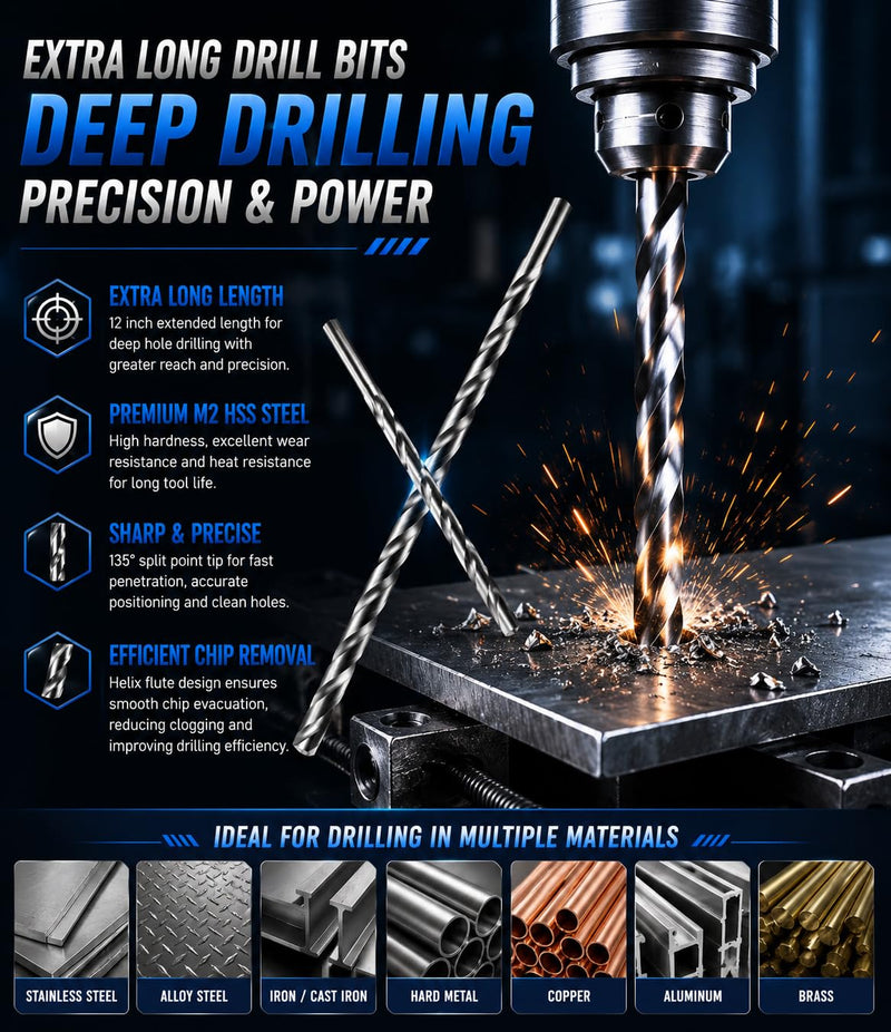 HSS Drill Bit Set 1/2 in. x 12 in. Aircraft Extension Extra Long M2 Bright Deep Hole Drill-3Pcs 1/2"x12" (3Pcs)-M2 Bright