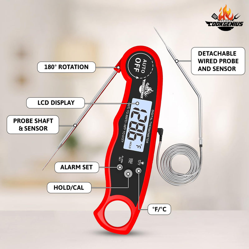 Meat Thermometer Digital with Dual Probe - Ultra-Fast Instant Read Food Thermometers with Backlight & Calibration for Cooking Deep Fry BBQ Oven Grill Roast Candy Thermometer & Kitchen Essentials - Red