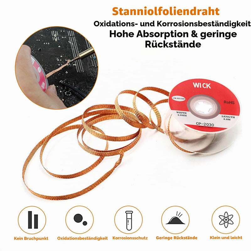 Soldering Wire, 4-Piece Desoldering Braid Set, Copper Desoldering Wire, No-Clean Desoldering Braid, 2 mm, 2.5 mm, 3 mm, 3.5 mm, Removal of Solder for Disassembling Electrical Components
