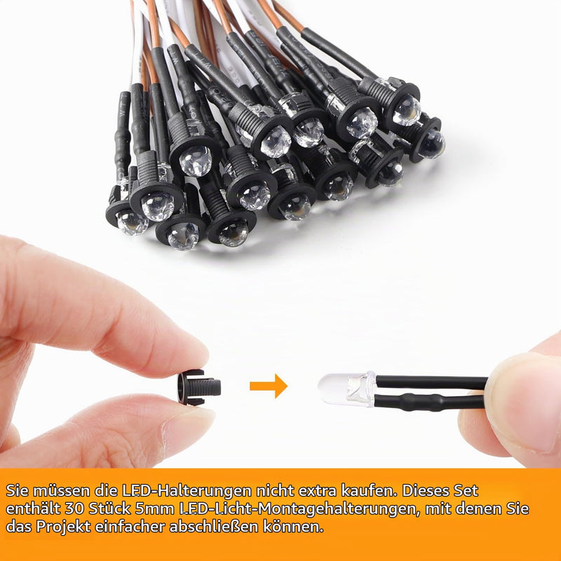 Pack of 30 5 mm 12 V Pre-Wired LED Diode Light, Warm White, 20 cm Pre-Wired Light + 30 Pieces 5 mm Plastic Diode Holder 5 mm. Warm White - 30 pieces