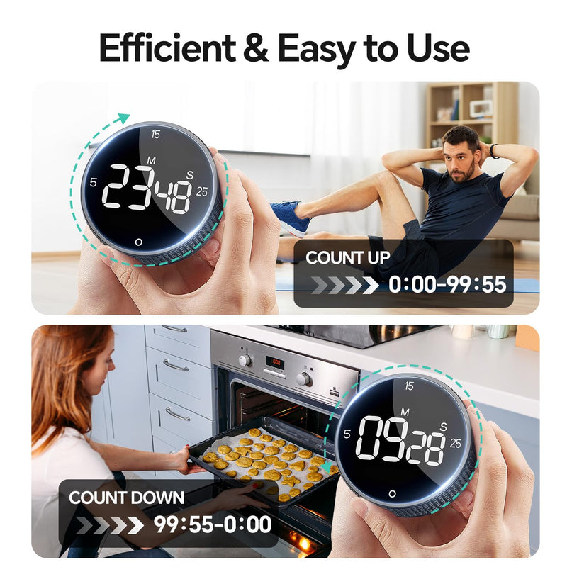 Digital Kitchen Timer, Large Display Magnetic Countdown Countup Timer, 3 Preset Times (5, 15, 25),Volume & Brightness Adjustable for Cooking Classroom Studying, Easy for Kids (Black,2Pcs) Glossy Black 2