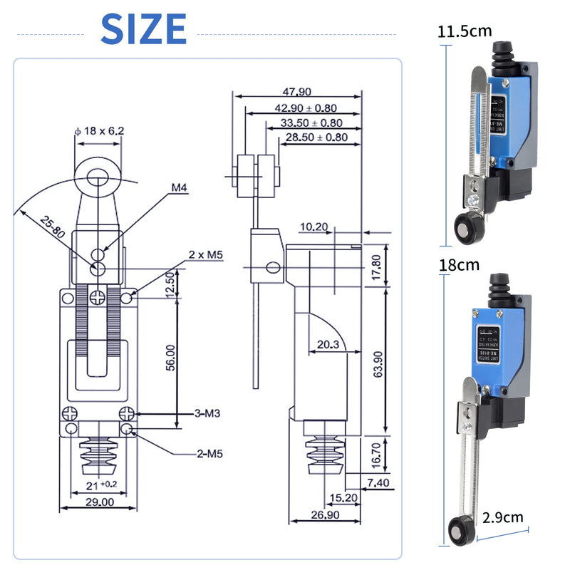 EXLECO 2 Lever Limit Switch Adjustable Limit Switch with 5CM Adjustable Roller Lever 1NO 1NC ME-8108 Limit Switch Self-Resetting Changeover Switch for CNC Router Plasma Electric Control Switch 2 Pieces