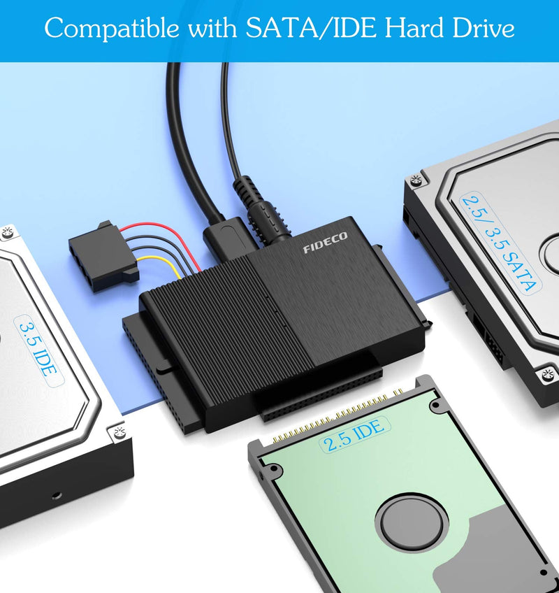 FIDECO USB 3.0 to SATA or IDE Adapter, Hard Drive Adapter Cable Universal for 2.5/3.5 inch SATA HDD/SSD & IDE HDD with 12V Power Adapter