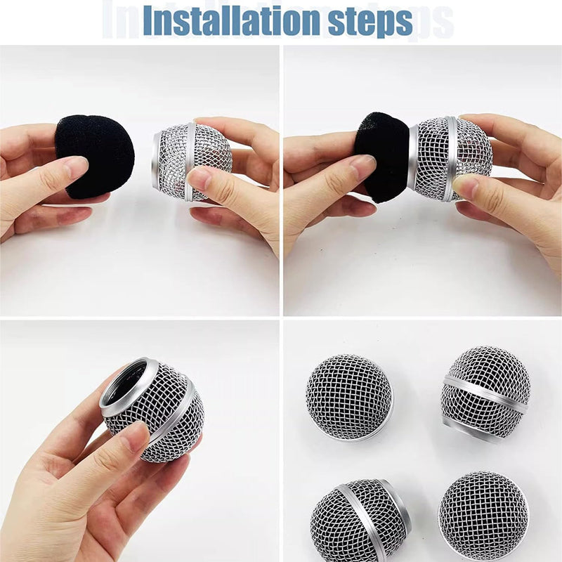 4 Pieces Metal Microphone Mesh Heads, Microphone Metal Head with Sponge, Compatible with SM58 Microphone, Replacement Microphone Grid, Wired and Wireless Microphones Replacement Microphone Grill Head