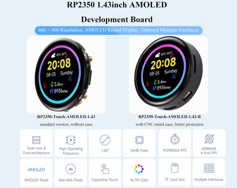 RP2350 1.43inch AMOLED Touch Display Development Board, 466x466, SPI Interface Round Display, Onboard Accelerometer and Gyroscope Sensor, USB, UART, I2C and GPIO, etc.