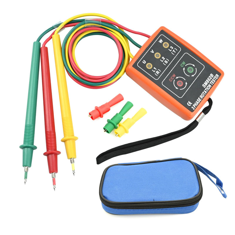 Phase tester, rotating field measuring device AC60V ~ 600V, rotation display tester detector meter, 3 phase sequence presence rotation tester with buzzer tester and crocodile clips, voltage tester for high-voltage devices