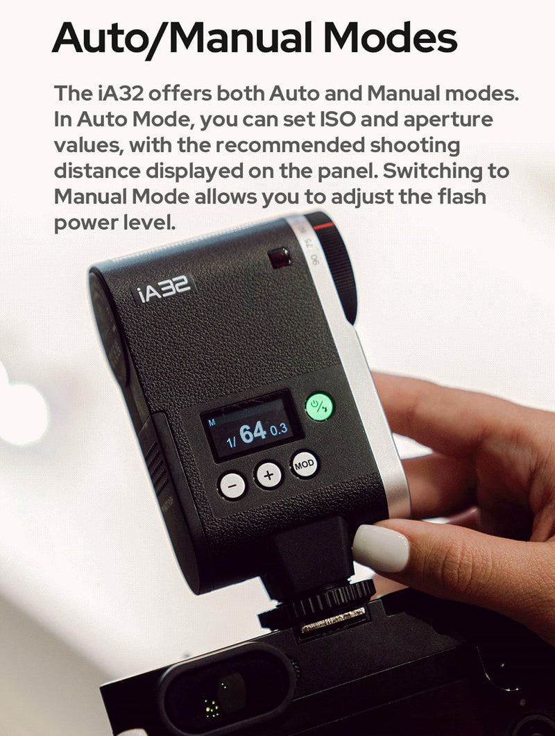 Godox Flash iA32 Mini Flash - Camera Flash with GN15, Auto/Manual Flash, 8 Power Levels(1/128-1/1), 2.5s Recycle for Sony zv-1 Sony zv-e10 Ricoh gr3 Cannon Nikon Fujifilm Various Cameras