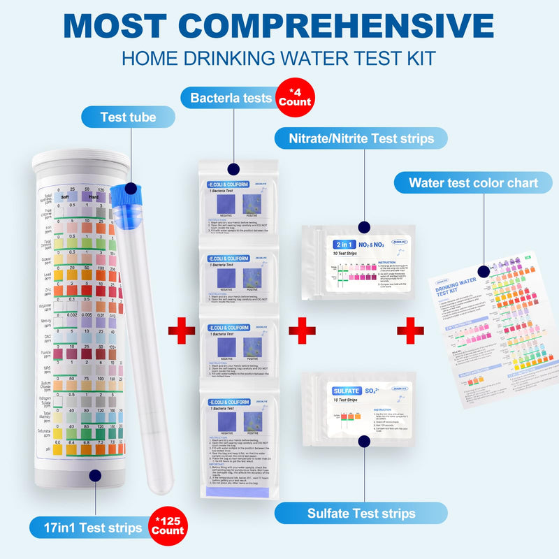 21-in-1 Home Drinking Water Testing Kit,145 Strips + 4 Bacteria Tests,Tap and Well Water Test Kit, Easy to Test and Read Home Test Strips for Hardness, Lead, Iron, Fluoride, pH, Copper and More