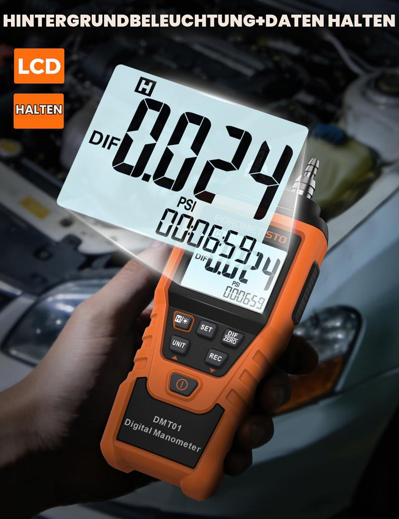 DMT01 Precision Digital Pressure Gauge, ±5 PSI / ±34.47 kPa, 12 Units, HVAC Differential Pressure Gauge, ±0.3% FS, Dual Port Gas Pressure Tester, Backlight, Data Holding, Manual Zero