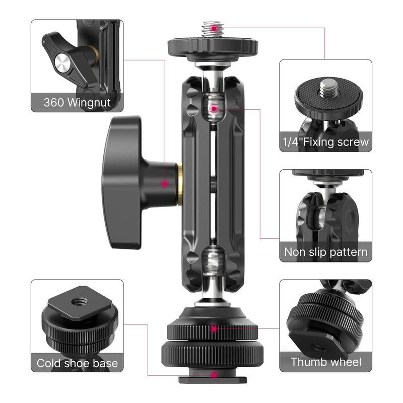R098 Cold Shoe Monitor Mount, 1/4" Rotatable Dual Ballhead Hot Shoe Mount Microphone Fill Light Camera Monitor Swivel Bracket Compatible with DJI OSMO 360/Pocket 3/Insta 360 x 5/Sony/Canon/Nikon /Fuji R098
