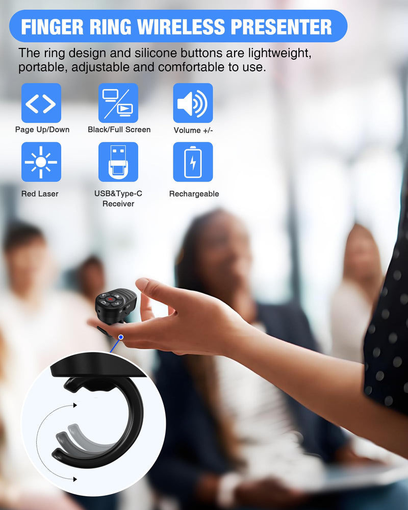 Wireless Finger Ring Presentation Clicker with Laser Pointer & Volume Control - Wearable Slide Advancer Remote for PowerPoint, Mac, Computer, Laptop Red Light-Rechargeable with Finger Ring