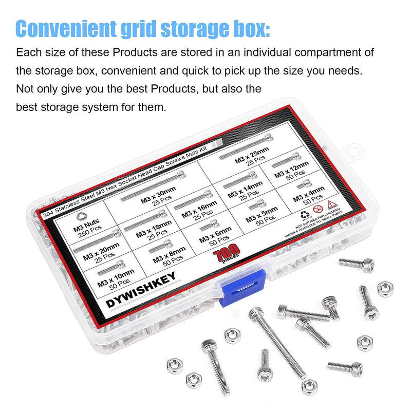 DYWISHKEY 700 Pieces M3 Stainless Steel 304 Hex Socket Head Cap Bolts Screws and Nuts Assortment Kit