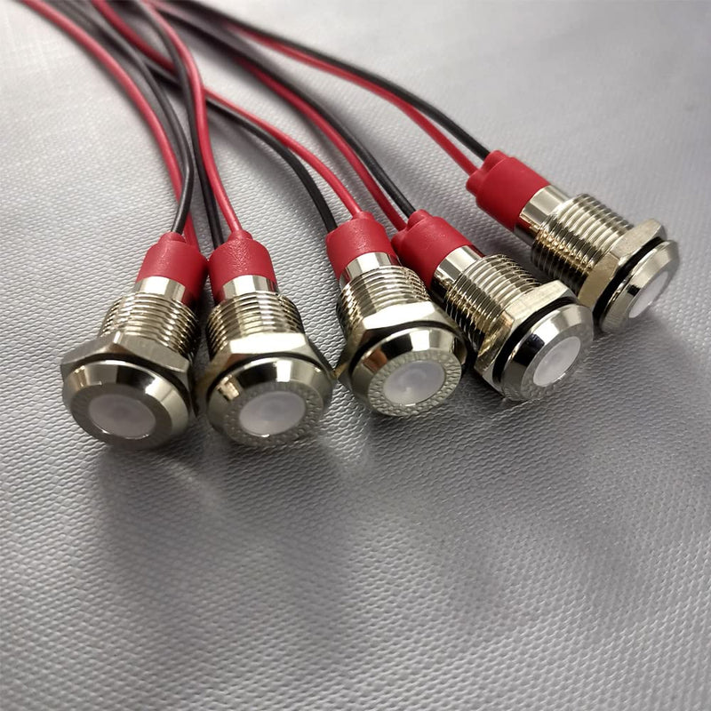 Gebildet Pack of 5 10mm 3V-4.5V-5V-6V-7.5V-9V LED Metal Indicator Light Waterproof Signal Lamp Pilot Dash with Wire (White) White (10mm)
