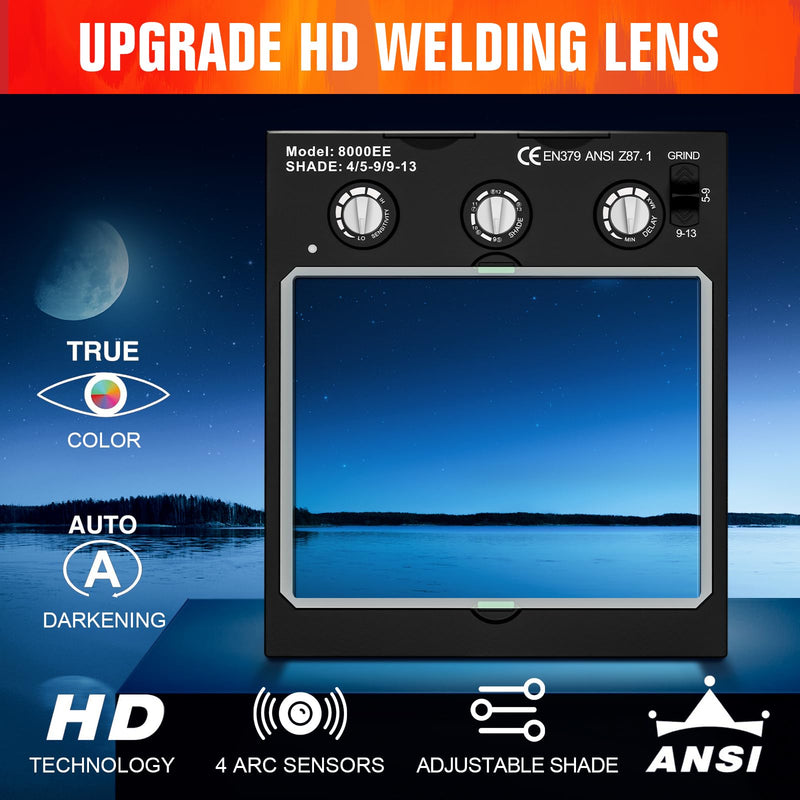 Welding Helmet Lens Auto Darkening True Color 4.49x5.24in Large Viewing Welding Lens with 4 Arc Sensor Adjustable Shade Range 4/5-9/9-13 Welding Hood Lens JH-8000EE