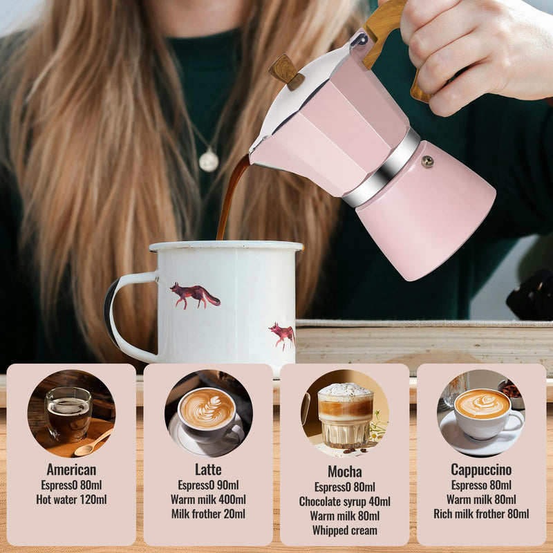 6 Cup Aluminum Moka Pot Classic Stovetop Espresso Coffee Maker 300ml 10oz Coffeemaker Percolator Mocha Pot Greca Coffee Maker Cafe Makers for Italian and Cuban Café Brewing Pink 6 Cup