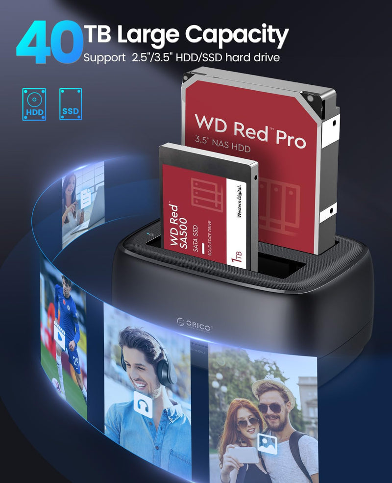 ORICO Dual Bay Hard Drive Docking Station USB 3.0 to SATA III for 3.5inch HDD Max Up to 40TB Support UASP Tool-Free for Files Backup/Game Load (without Cloner Function)-DD28 DD28U3-US