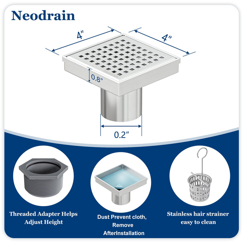 Neodrain Square Shower Drain with Removable Quadrato Pattern Grate, Brushed 304 Stainless Steel Square Drain for Bathroom, with Hair Strainer and Lifting Hook,CUPC Certified (Brushed Nickel, 4 in)