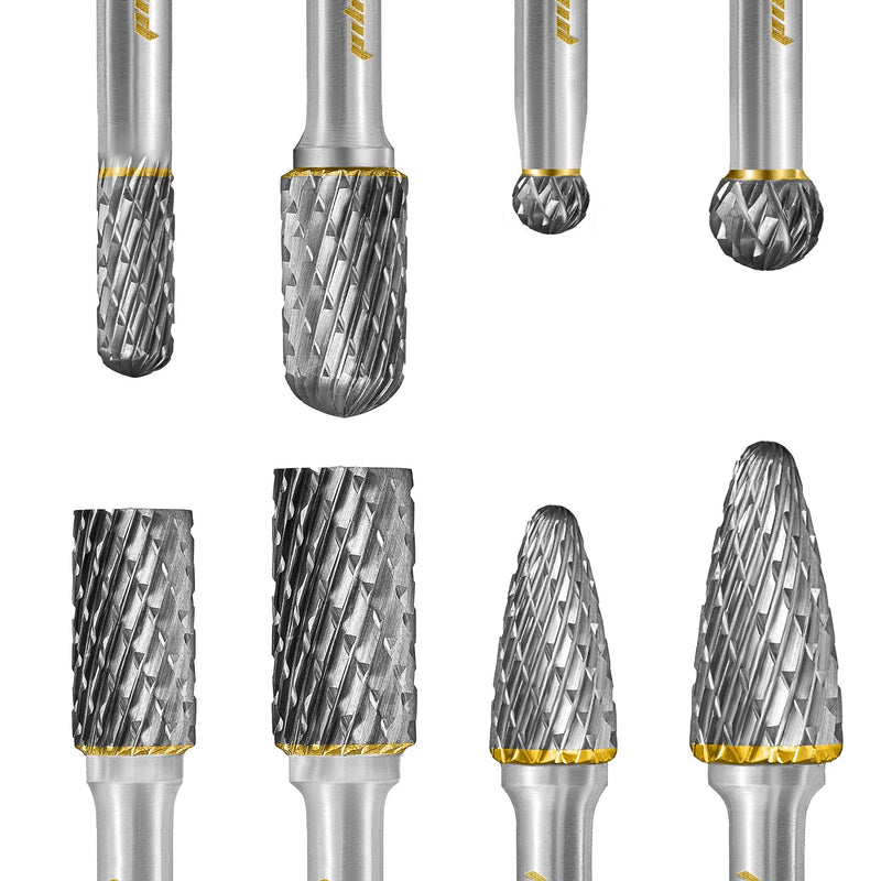 Tungsten Carbide Burr Set 1/4" Shank 8PC Double Cut Rotary Cutting Burrs Die Grinder Bits for Steel and Wood Working, Grinding, Carving, and Engraving Set 8 - 1/4 Shank