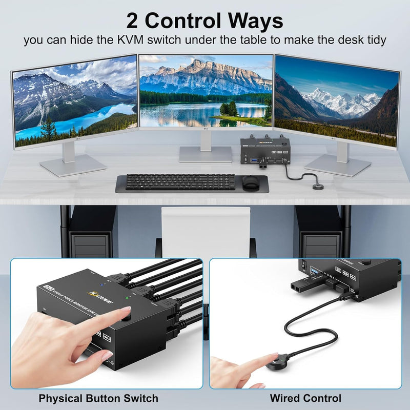 HDMI Displayport KVM Switch 3 Monitors 2 Computers 8K@60Hz/4K@144Hz, USB3.0 KVM Switches for 2 PC Sharing Triple Monitor and Keyboard Mouse with Power Adapter,Wired Extend Controller and USB3.0 Cables 8K HDMI DP KVM Switch 2 PC 3 Monitor