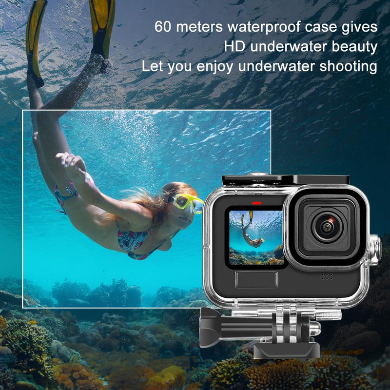60M/196FT Waterproof Case for GoPro Hero12 Black/Hero11 Black/Hero10 Black/Hero9 Black Camera Accessories,Underwater Deep Diving Protective Shell for Hero12/11/10/9 Black