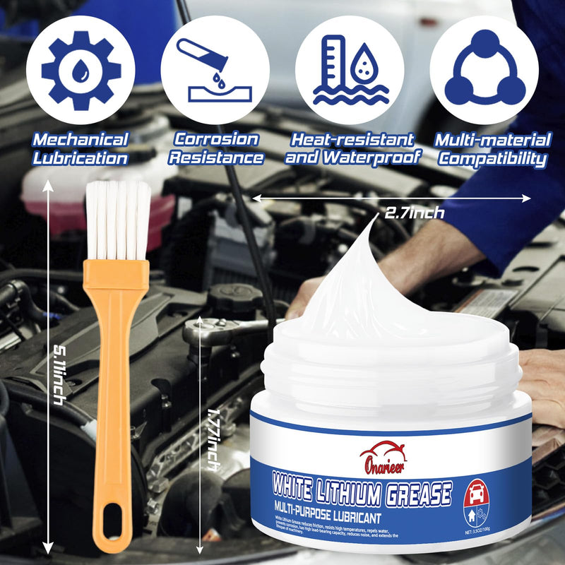 White Lithium Grease, 3.5oz, Multi-Purpose Lubricant Lithium Grease with Brush, Garage Door Hinge Lubricant for Metal-to-Metal Applications, Ideal for Automotive, Marine, and Industrial Use