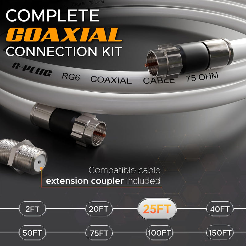 G-PLUG 25FT RG6 Coaxial Cable Connectors Set - High-Speed Internet, Broadband and Digital TV Aerial, Satellite Cable Extension - Weather-Sealed Double Rubber O-Ring and Compression Connectors White