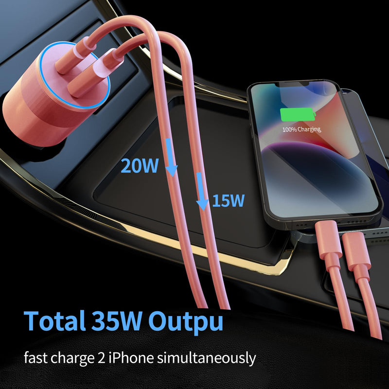 35W USB C Fast Car Charger [Apple MFi Certified] Compatible with iPhone 14 Pro/14 Pro Max/14+/13/12/11/Mini/XS/XR/8, 20W PD3.0 Rapid Charging Adapter + 3Ft Type C to Lightning Cable - Pink Rose Gold
