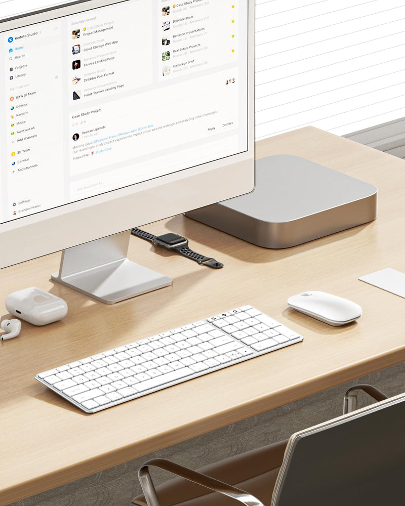 Wireless Bluetooth Keyboard and Mouse for Mac, Multi-Device Rechargeable Keyboard and Mouse Stainless Steel Full Size, Compatible with MacBook Pro/Air, iPad, iMac - White Silver