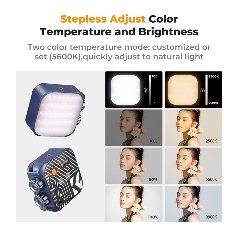 K&F CONCEPT Bi-Color LED Video Light, 2000mAh Rechargeable Portable Camera Lights, CRI 96+, 2500K-9900K, 15 Light Effects, Photography Lighting for Vlogging, Selfie, Blue