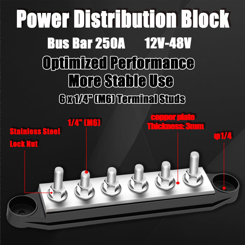250A Bus Bar 12V Marine 6 x 1/4" (M6) Terminal Studs,12V-48V Power Distribution Block with Cover,Battery Bus Bar for Boat Automotive Car and Solar Wiring Type A