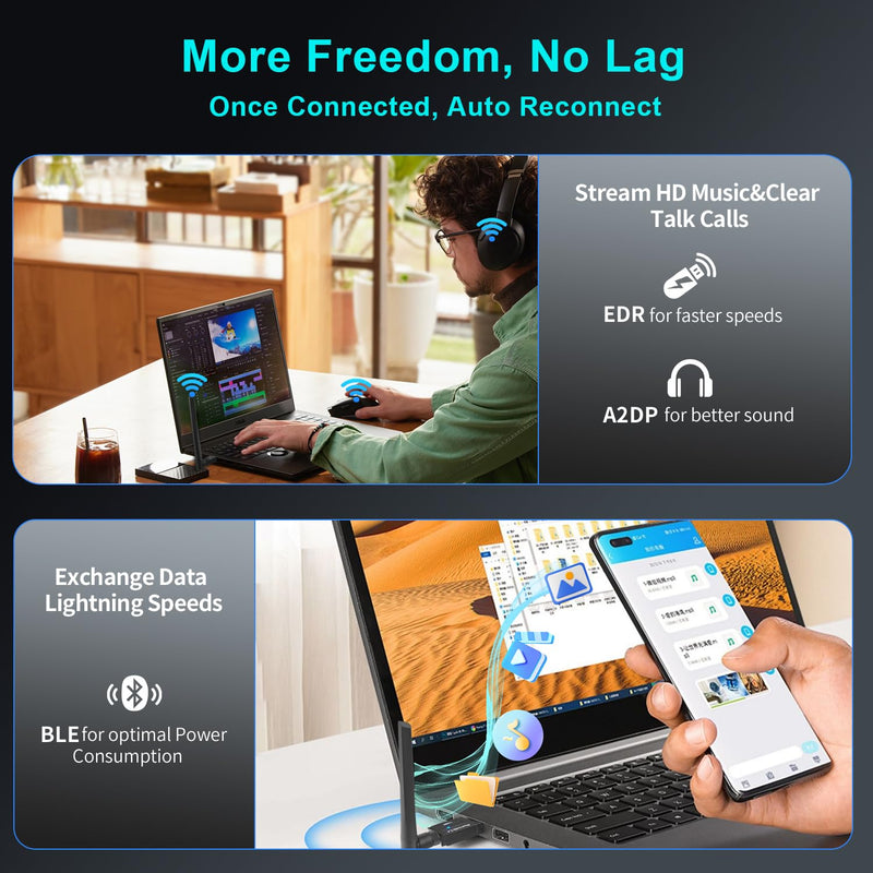 Long Range Bluetooth 5.4 Adapter for PC, Wireless USB Dongle w/ 5dBi Antenna for Laptop Desktop Windows 11 10 8.1 7 Linux, Pair w/Bluetooth Headphones Headset Speaker Mouse Keyboard Printer