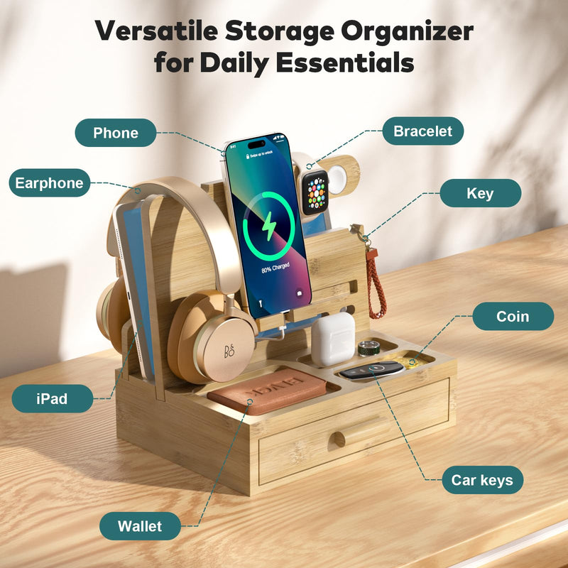 Sephyroth Bamboo Phone Docking Station Nightstand Organizer Bedside Organizer Cell Phone Stand Gifts for Men, Dad Gifts for Boyfriend Gift for Husband with Drawer Storage (Wood) Wood