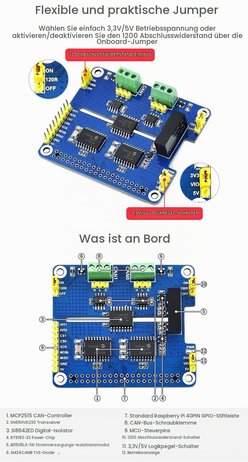 Waveshare 2-Channel Isolated CAN Expansion Hat for Raspberry Pi with MCP2515 + SN65HVD230 Dual Chips Solution and Multi Onboard Protection Circuits