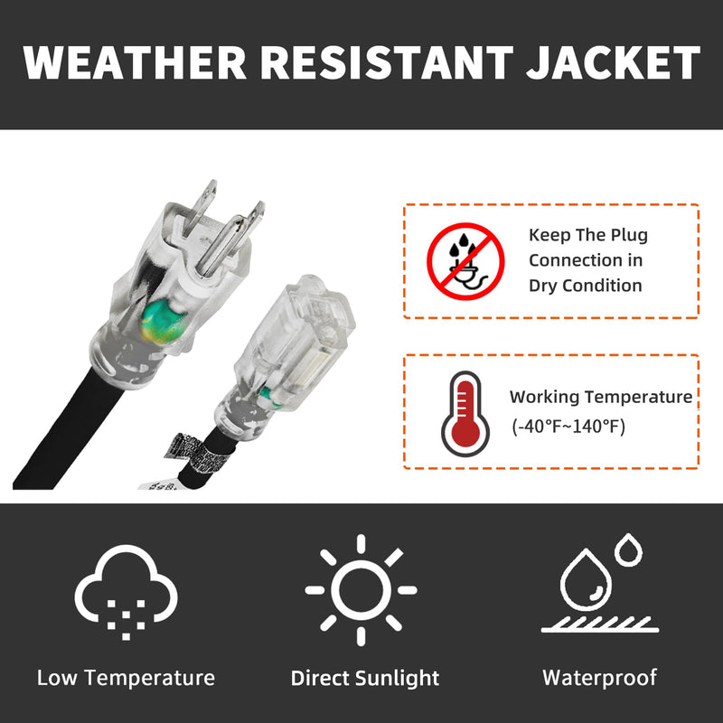 Indoor Outdoor Extension Cord Weatherproof with Lighted End, UL Certified, 14 Gauge 20FT Black 3 Prong Heavy Duty, 14/3 SJTW 15A Power Cord for Outdoor Lights, Lawn