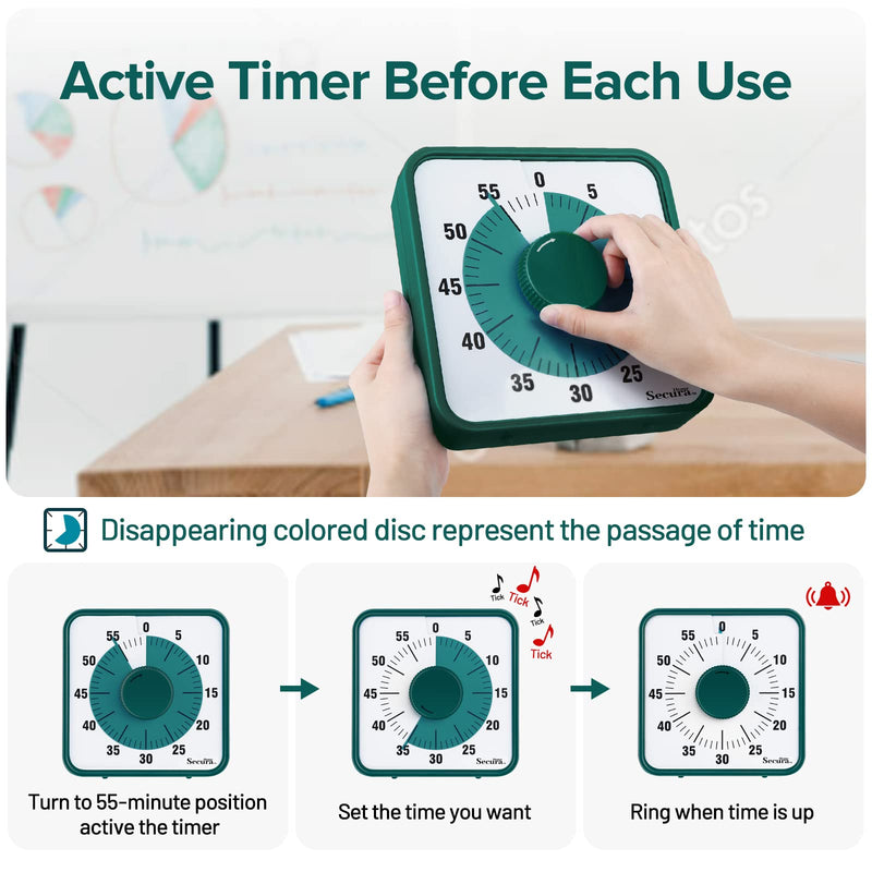 60-Minute Visual Timer, 7.5 Inch Oversize Countdown Timer Clock for Kids and Adults, Durable Mechanical Time Management Tool with Magnetic Backing （Dark Green） Dark Green Regular