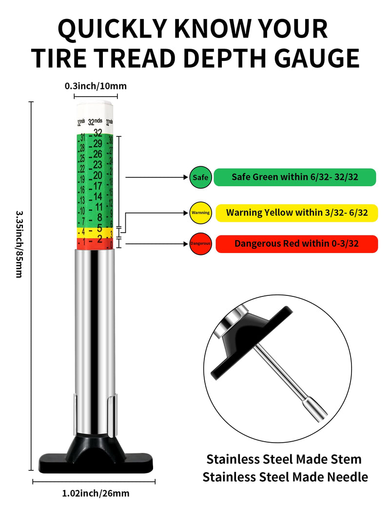 2 Pack Tire Tread Depth Gauge Kit, Metal Pencil with Clip, 1'' Within 1/32 Inch Accuracy for Car, Truck, SUV, Motorcycle, Bike, 2 Valve Caps, Portable Bag.