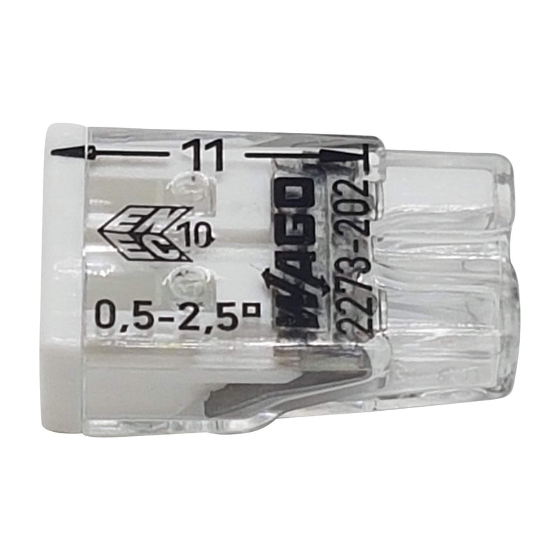Wago 2273-202 Compact Connection Box Terminals, Diameter 0.5–2.5 mm, Pack of 30, 2-Pole, Transparent/White | Push-in terminal for solid conductors up to 24 A, Transparent/White, 450 V rated voltage, 30-piece set for electrical installations