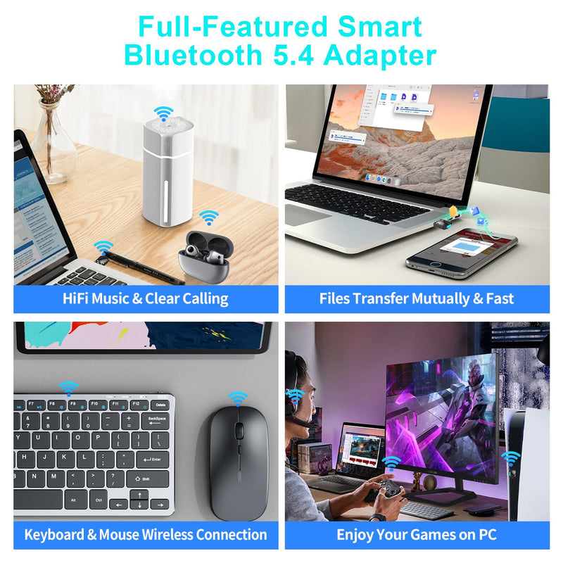 USB Bluetooth 5.4 Adapter Dongle for PC, Plug n Play for Laptop Desktop Windows 11 10 8.1, Wireless Multiple Connection Bluetooth Headphone Headset Speaker Keyboard Mouse Printer Controller