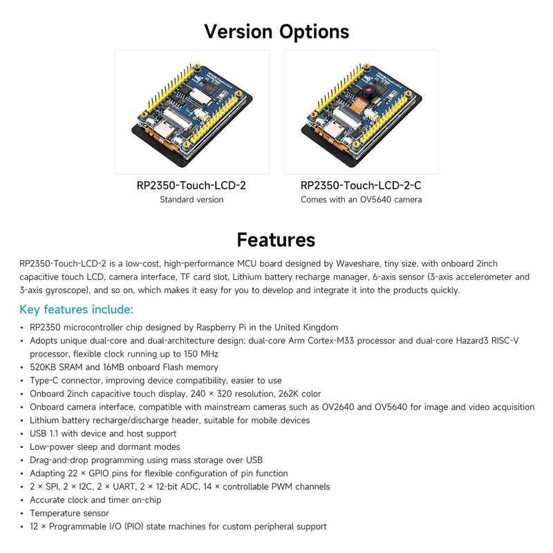Waveshare RP2350 2inch Capacitive Touch Display Development Board,240×320 Pixels, IPS Panel, 262K Color, Onboard Camera Interface