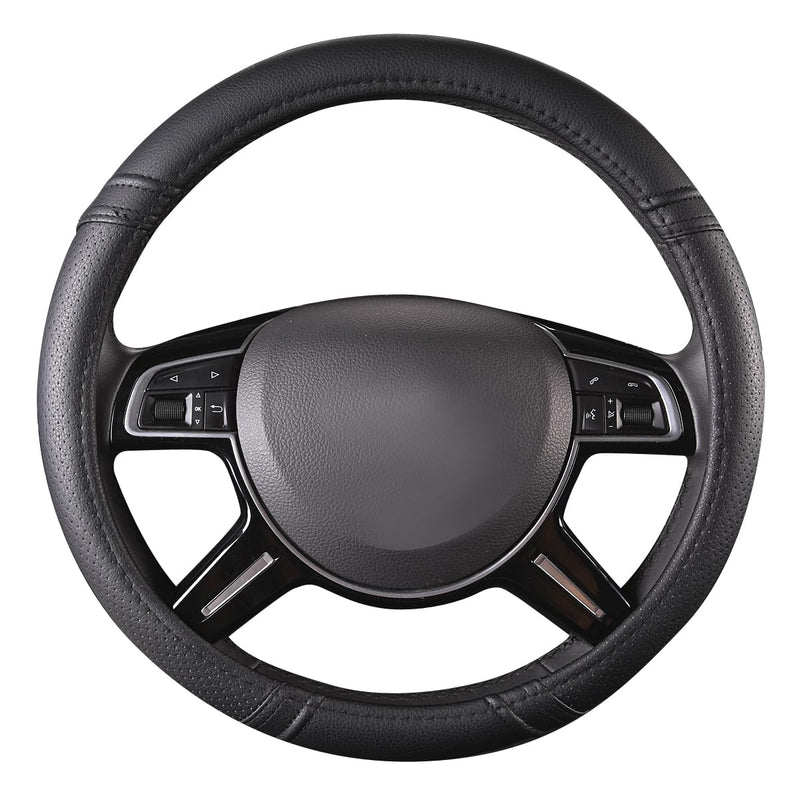 Car Pass Classical Leather Automotive Universal Steering Wheel Covers,Universal Fit for Suvs,Trucks,Sedans,Cars,Vans,14.5-15inch Anti-Slip Safety Comfortable Desgin(Black) Pure Black