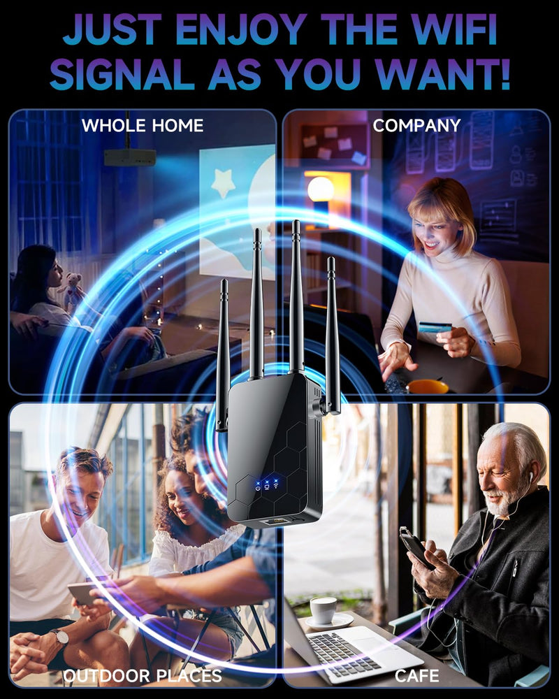 2025 WiFi Extender Internet Booster, 10000 Sq.ft Long Range Repeater Wireless Routers Amplifier, Mesh Wi-Fi 80% Faster | Broader Than Ever, Support More Network Devices at Home, 1-Tap Setup black