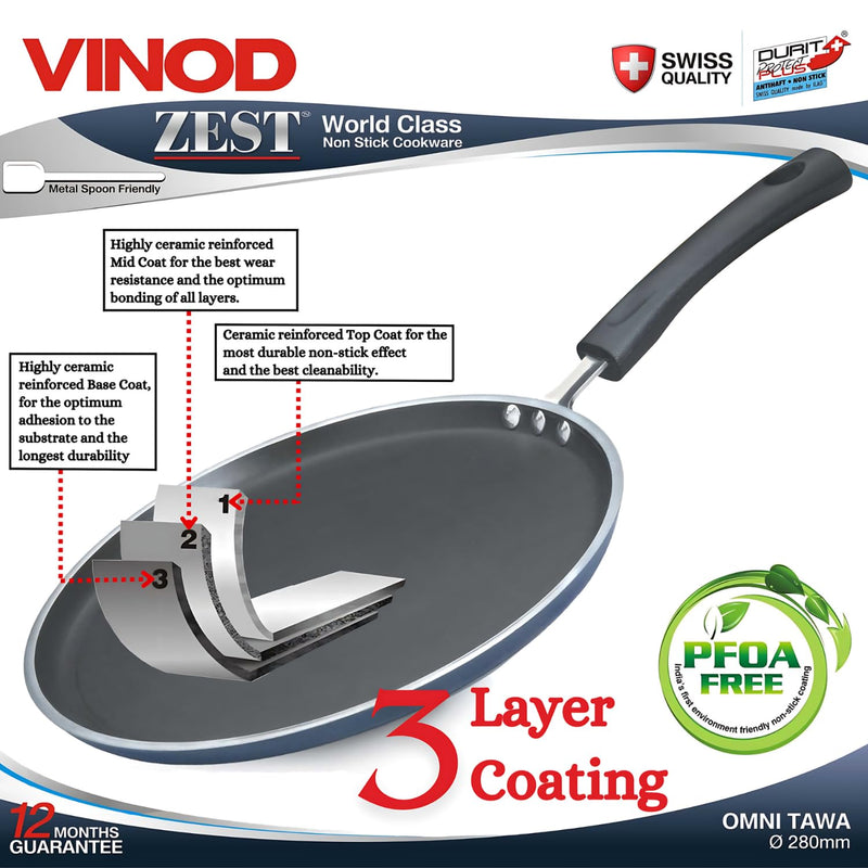 Vinod Zest Non-Stick Flat Dosa Tawa/Griddle, 10", Black/Blue