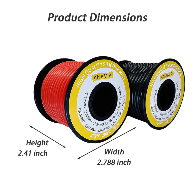 ANAMIA 12 Gauge Stranded Copper Wire 50ft, Flexible 12 AWG Silicone Wire, 200℃ High Temperature 12AWG Automotive Wire (25ft Black + 25ft Red Spools) Red & Black