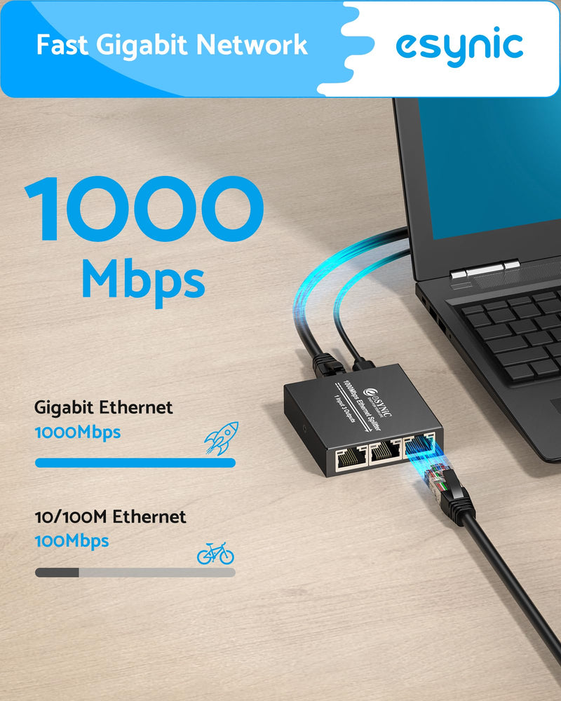 eSynic Ethernet Splitter 1 to 3 Portable 1000Mbps High Speed Network Splitter Durable Metal Case Gigabit RJ45 Internet Splitter for LAN RJ45 ethernet Cable Splitter Work with Cat5/5e/6/7/8 Cable ESY243