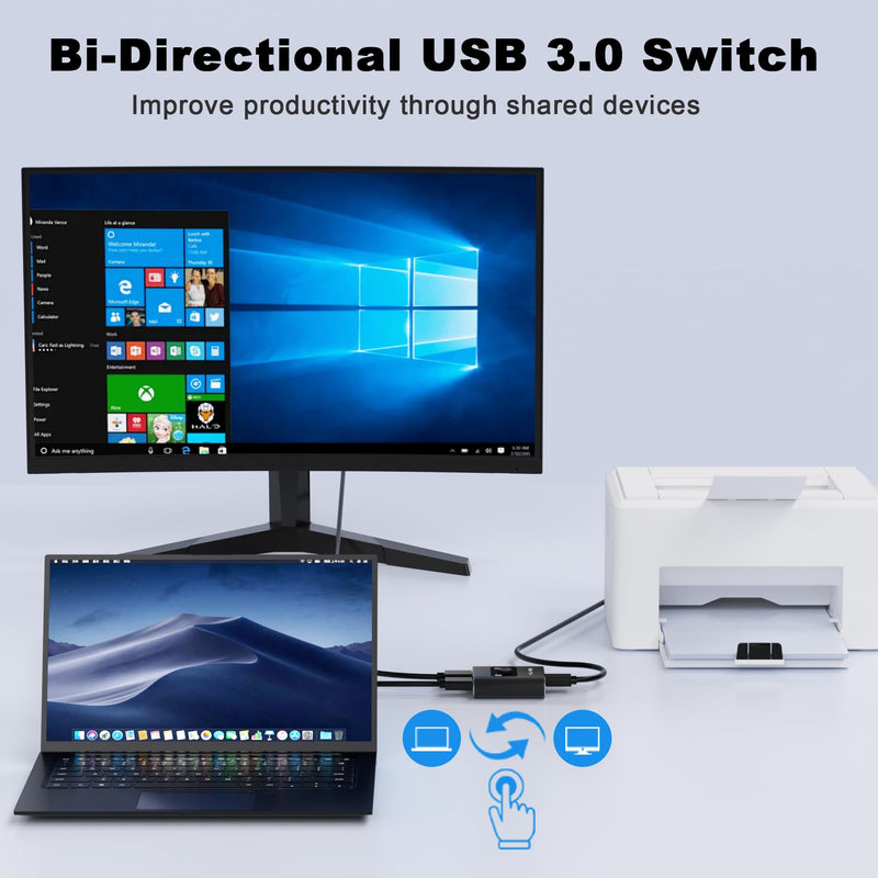 USB Switch, USB 3.0 Switch, Bi-Directional USB Switcher 2 in 1 Out/1 in 2 Out, Aluminum USB Switch 2 Computers Share 1 Device for Printer, Mouse, Keyboard, USB Sharing Switch with 2 USB 3.0 Cables