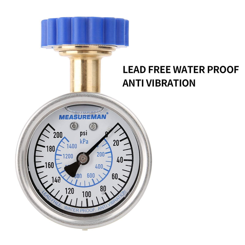 MEASUREMAN 2-1/2" Water Pressure Gauge Kit 6 Parts Kit, Lead-Free Brass, 2-1/2" dial, 0-200 Psi，Glycerin Filled,3/4" Hose Thread, Plus 5 Adapters Integral Stainless Steel Case(7in1)