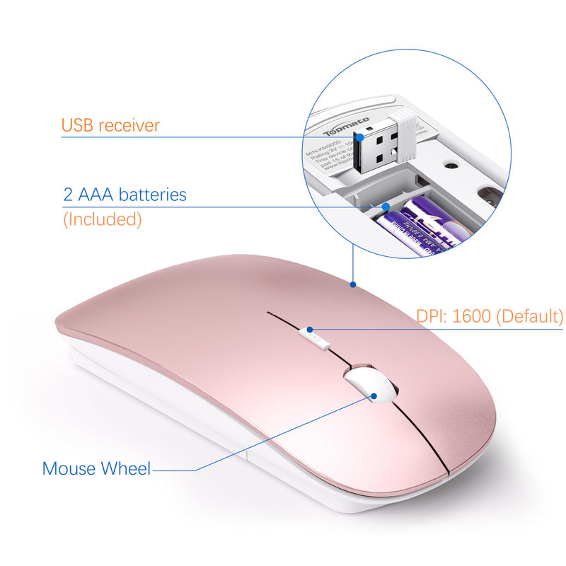 TopMate Wireless Keyboard and Mouse Ultra Slim Combo, 2.4G Silent Compact USB Mouse and Scissor Switch Keyboard Set with Cover, 2 AA and 2 AAA Batteries, for PC/Laptop/Windows/Mac - Rose Gold White