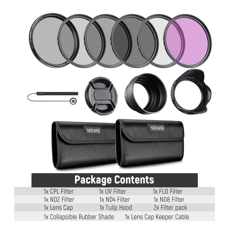 NEEWER 52mm ND Lens Filter Kit: UV, CPL, FLD, ND2, ND4, ND8, Lens Hood and Lens Cap Compatible with Canon Nikon Sony Panasonic DSLR Cameras with 52mm Lens
